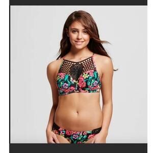 Shade & Shore Bikini Top Size 34DD High Neck Black Crochet Floral Print